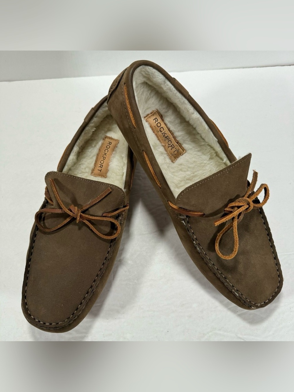 Rockport Rhyder Tie Brown Suede Leather Sherpa Lined Slippers Men Size 8